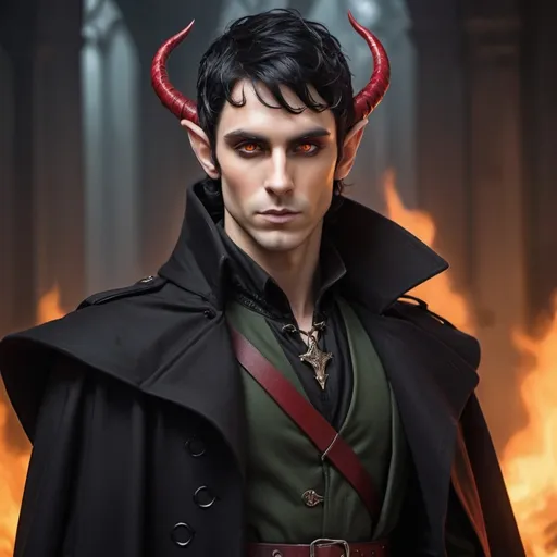 Prompt: Elf male with horns and black hair with red highlights, with a fine toned jawline and has a trench coat with a shoulder cape with gothic design that has fiery amber eyes 