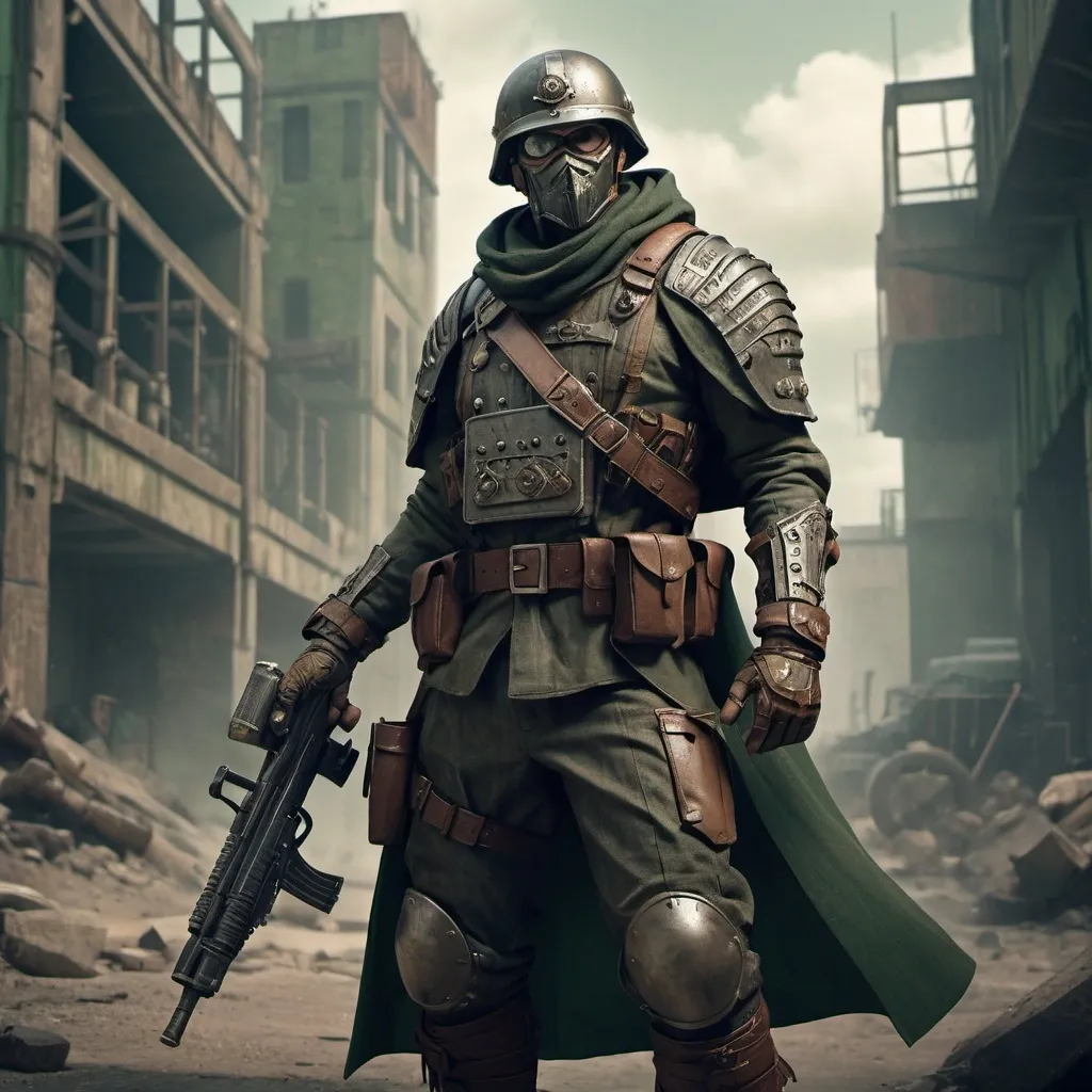 Prompt: Dieselpunk soldier with shoulder cape and has a raider design 