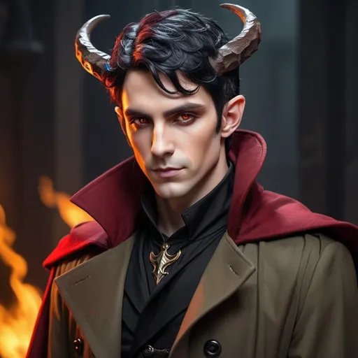 Prompt: Elf male with horns and black hair with red highlights, with a fine toned jawline and has a trench coat with a shoulder cape with gothic design that has fiery amber eyes 