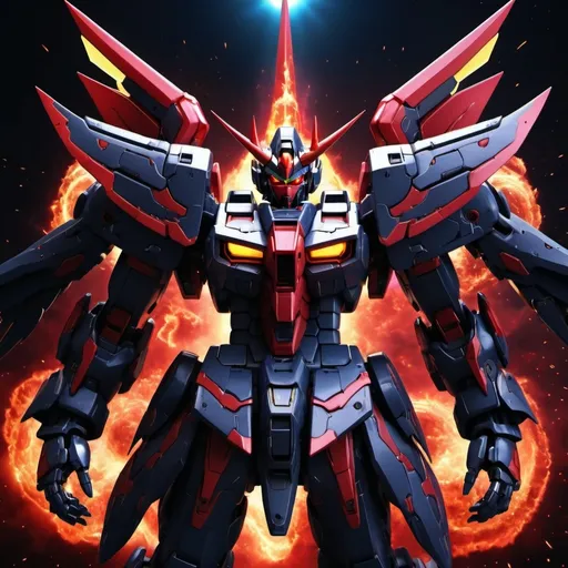 Prompt: Devil gundam mech with wings of red and black energy blazing like the sun