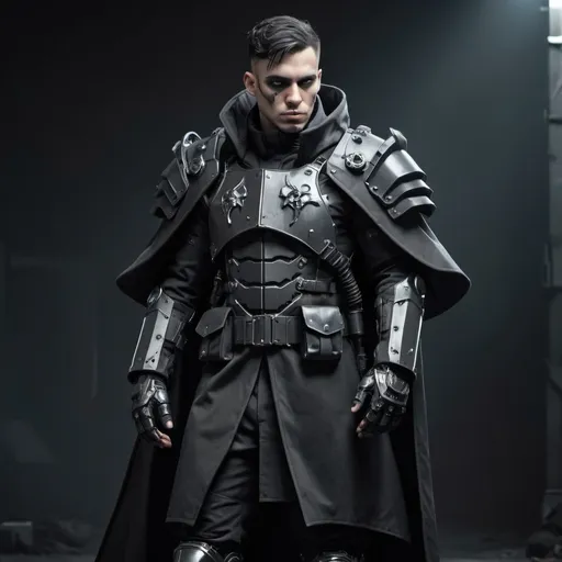 Prompt: Sci-fi soldier in power armor with a shoulder cape and trench coat with gothic design in black 