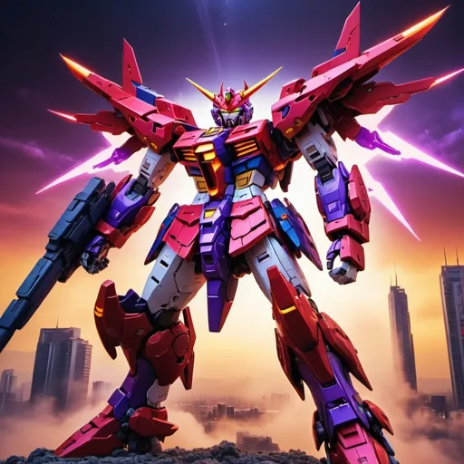 Prompt: Devil gundam mech with wings of red and purple energy blazing like the sun