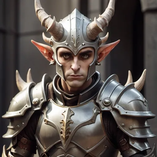 Prompt: Male horned elf with power armor that has a knight helmet 