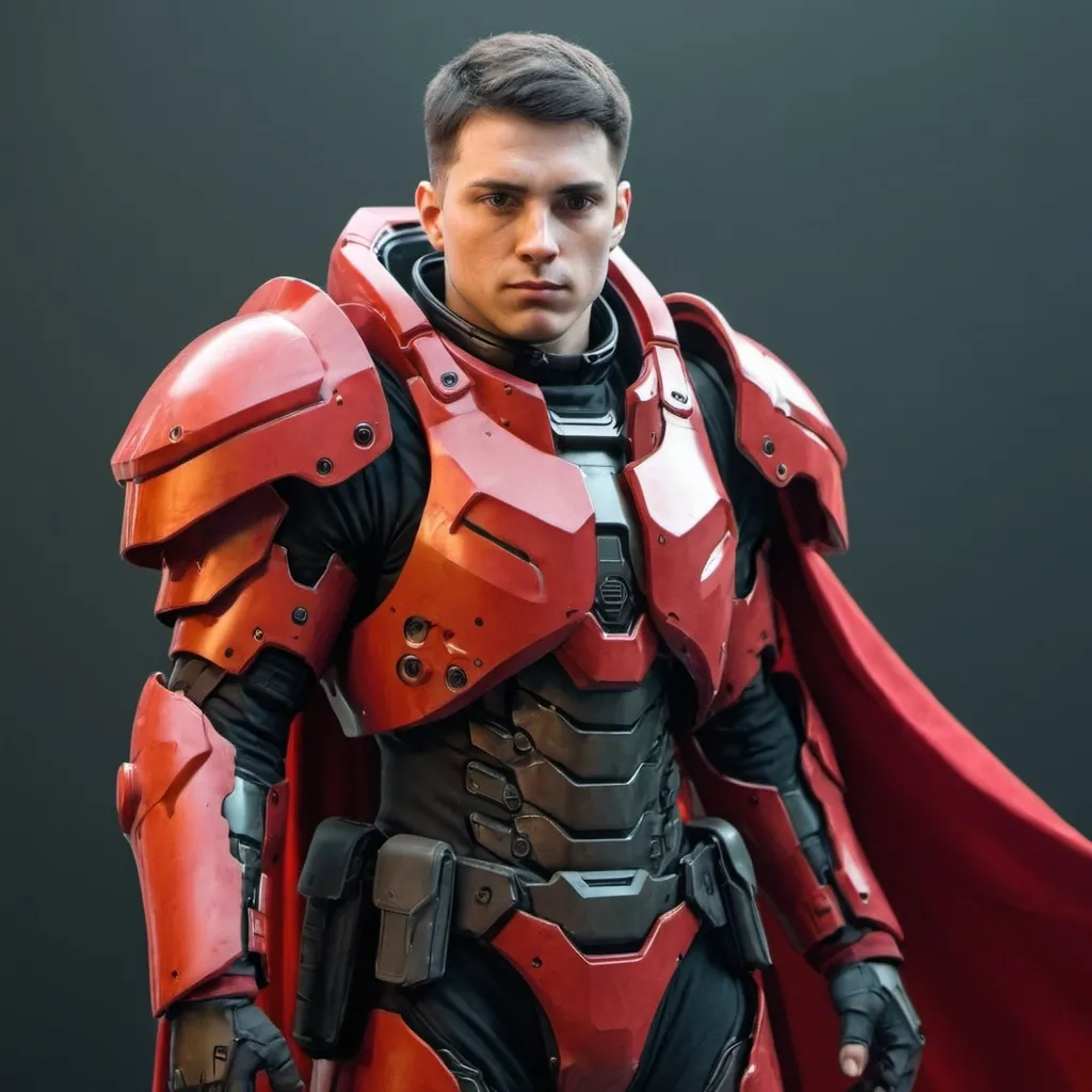 Prompt: Sci-fi male soldier with crimson shoulder cape and power armor 