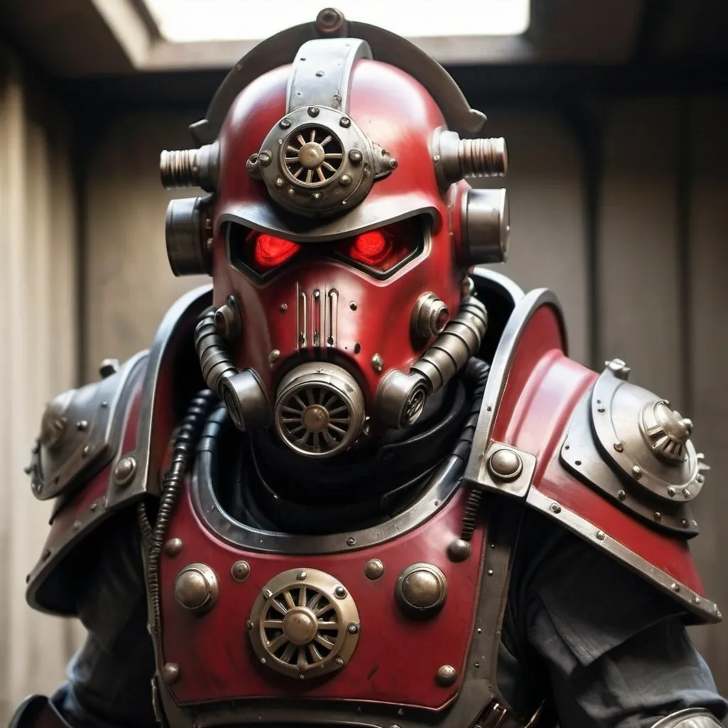 Prompt: Dieselpunk fallout power armor with roman design with a crimson hooded helmet 