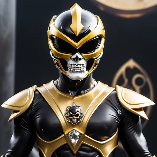 Prompt: Evil black and gold power ranger with skull helmet with crystal eclipse in the middle of the chest 