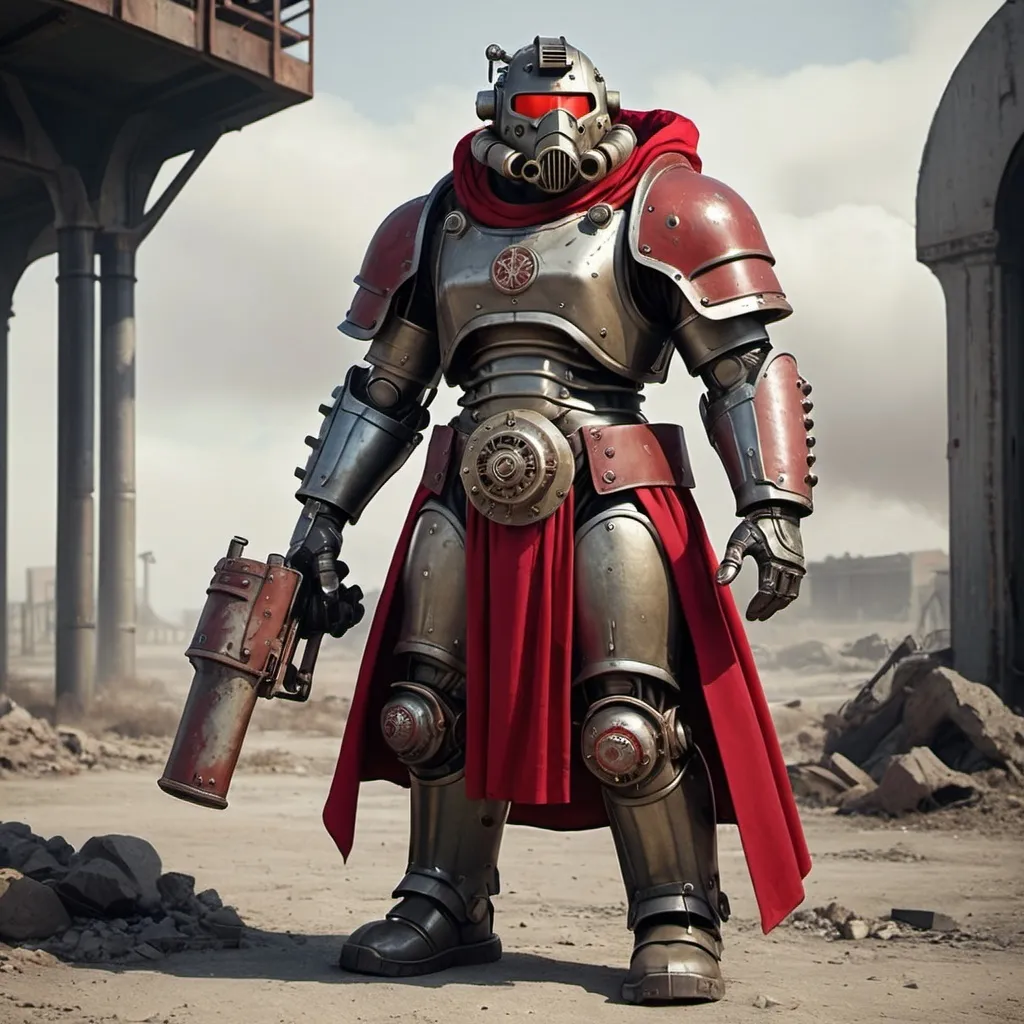 Prompt: Dieselpunk bulky fallout power armor with roman design with a crimson shoulder cape and crimson hooded helmet 