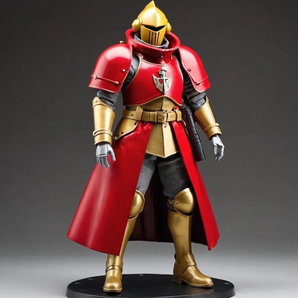 Prompt: Zeon soldier in trench coat with Knight helmet in red and gold