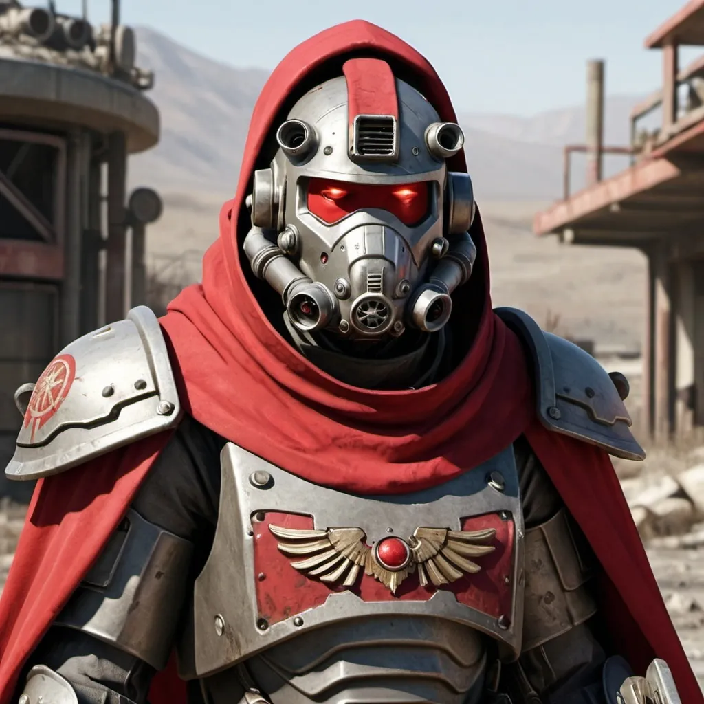 Prompt: Sci-fi soldier wearing fallout power armor with roman design with a crimson hooded helmet and shoulder cape 