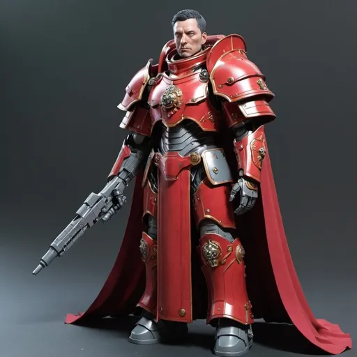 Prompt: Sci-fi male emperor with crimson shoulder cape and power armor 