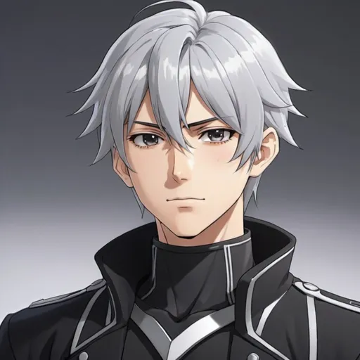 Prompt: Anime male protagonist with silver and black hair