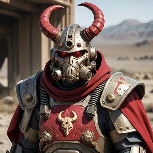 Prompt: Sci-fi soldier with horns wearing fallout power armor with roman design with a crimson hooded helmet and shoulder cape 