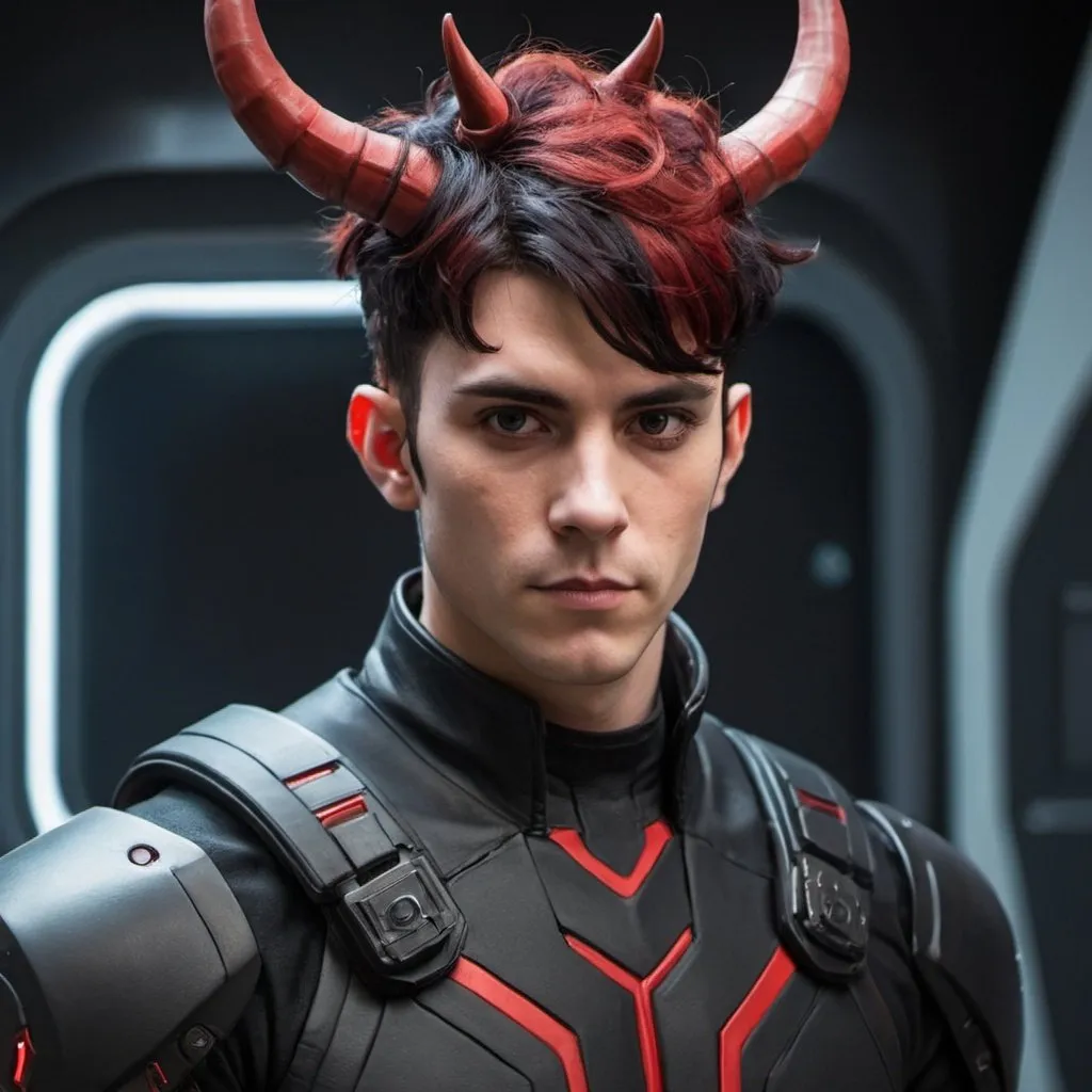 Prompt: Male Sci-fi protagonist with horns and red and black hair 