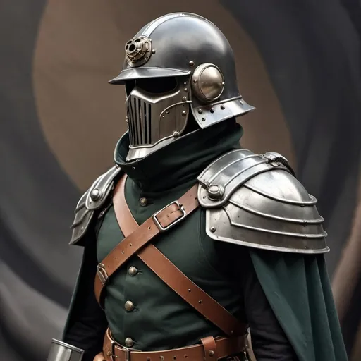 Prompt: Dieselpunk soldier with shoulder cape and Knight helmet 