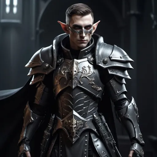 Prompt: Sci-fi male elf with Warhammer 40k armor design and shoulder cape with a sleek motif but also has a gothic design and helmet that has facemask 