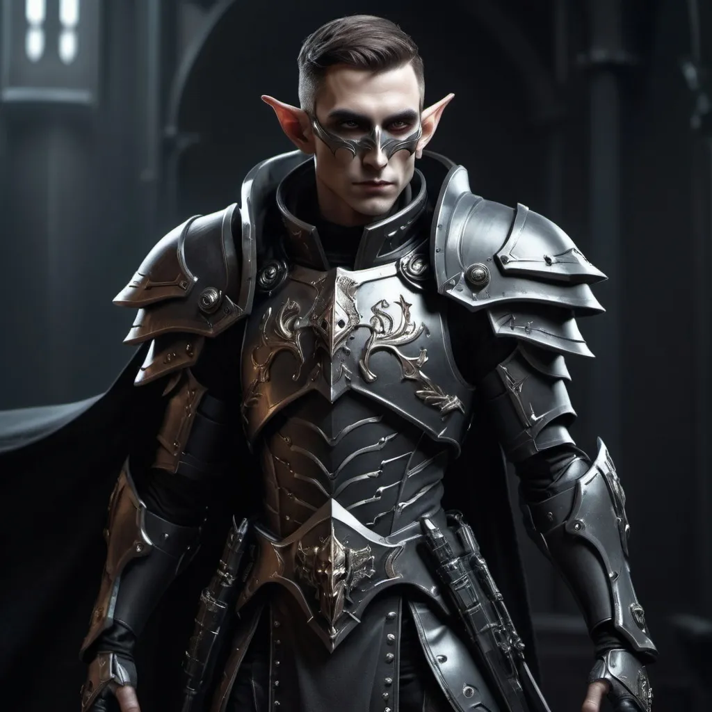 Prompt: Sci-fi male elf with Warhammer 40k armor design and shoulder cape with a sleek motif but also has a gothic design and helmet that has facemask 