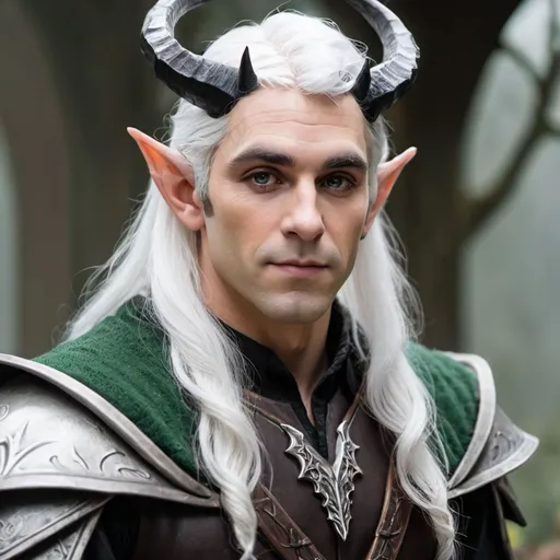 Prompt: Male elf with horns and white hair with a black highlights 