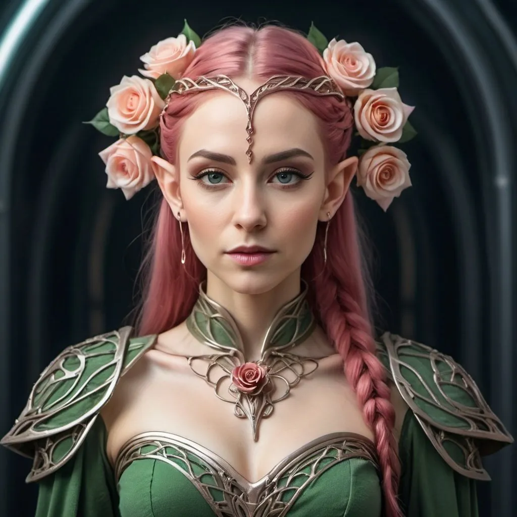 Prompt: Elven woman with rose hair in sci-fi regal dress