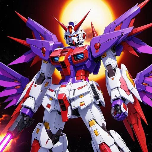 Prompt: Devil gundam mech with wings of red and purple energy blazing like the sun