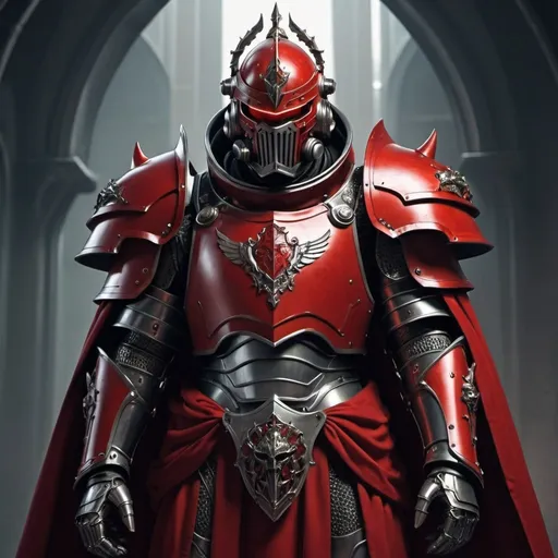 Prompt: Sci-fi male king with gothic power armor with a Scarlet shoulder cape and knight helmet 