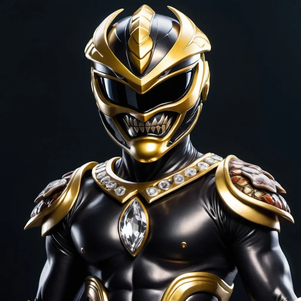 Prompt: Evil black and gold power ranger with snake helmet with crystal eclipse in the middle of the chest 