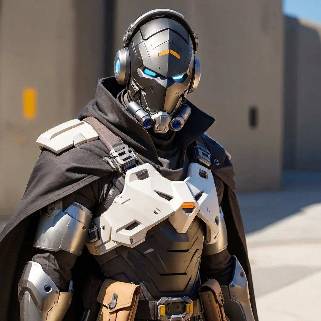 Prompt: Male overwatch soldier with Knight helmet in black and has a trench coat with a cape on the left shoulder 