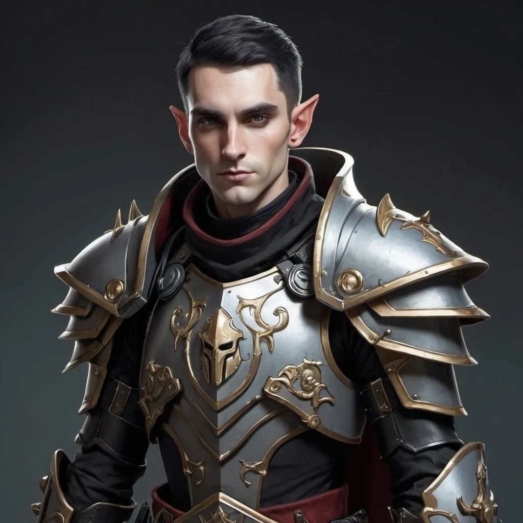 Prompt: Sci-fi male elf with Warhammer 40k armor design and shoulder cape with a sleek motif but also has a gothic design and has on an Knight helmet  