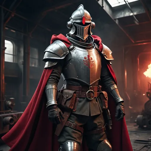 Prompt: Dieselpunk soldier with Knight helmet and has on a scarlet shoulder cape