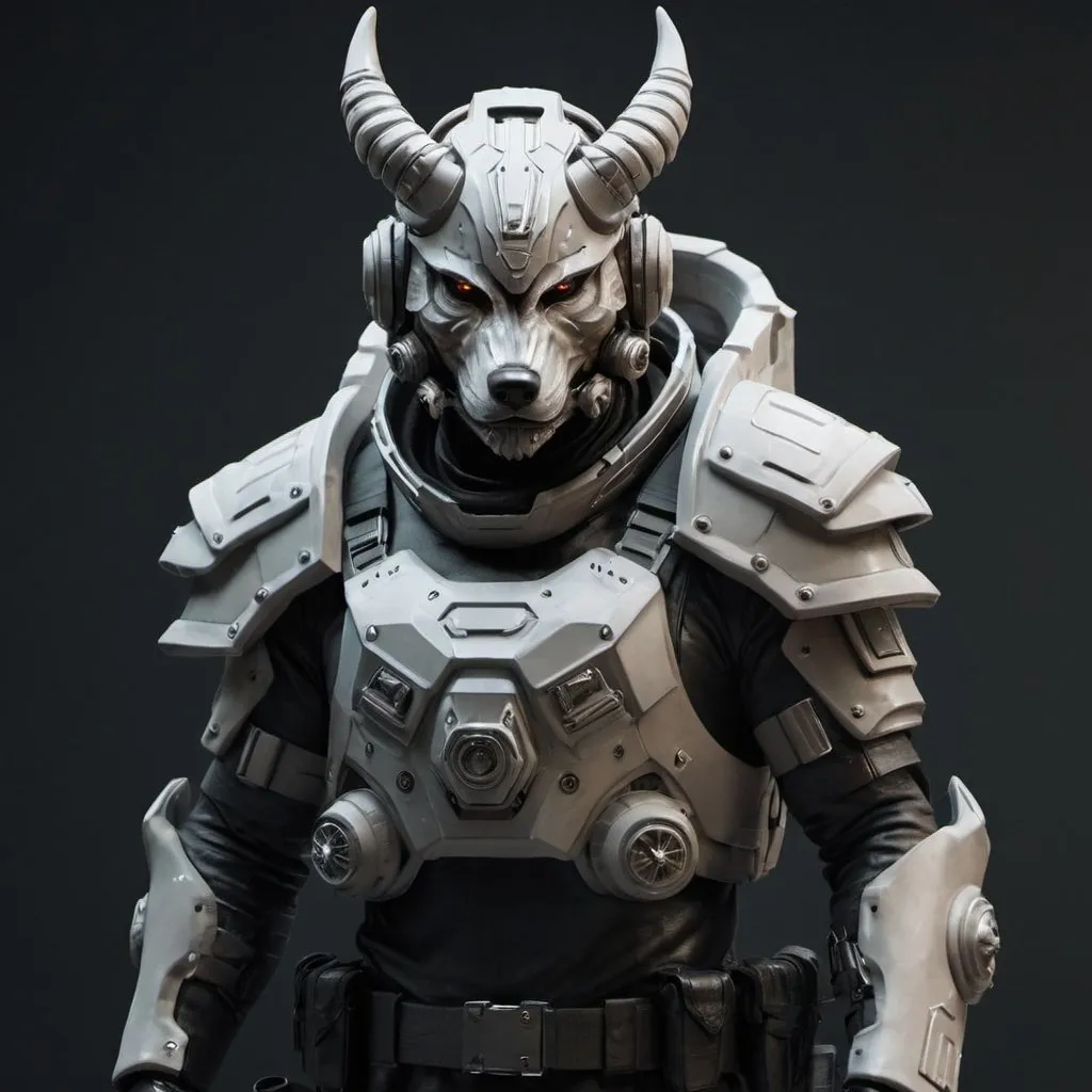 Prompt: Sci-fi soldier with horns and wolf helmet 