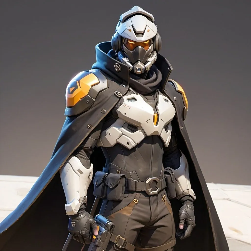 Prompt: Male overwatch soldier with Knight helmet in black and has a trench coat with a cape on the left shoulder 