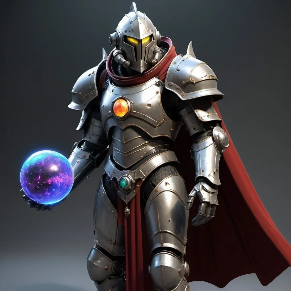 Prompt: Sci-fi knight in power armor with shoulder cape and an cosmic orb head 