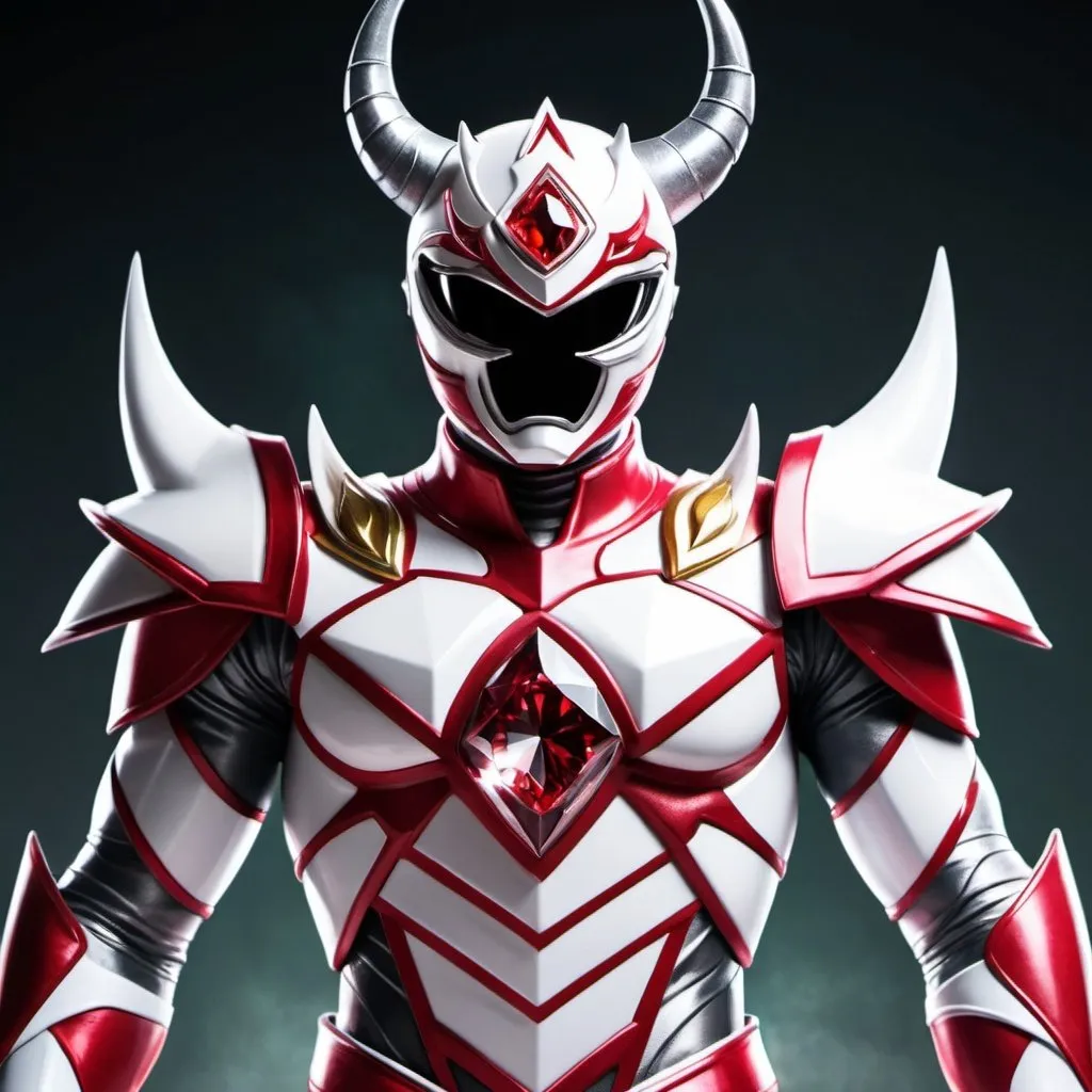 Prompt: White and red power ranger Knight with a crystal rose in the middle of the chest with horns 