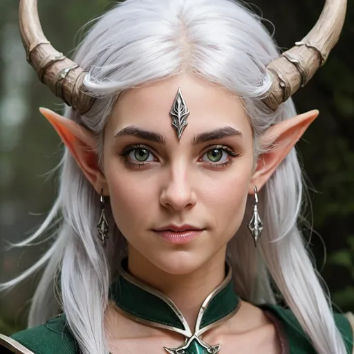 Prompt: Female horned elf with silver hair