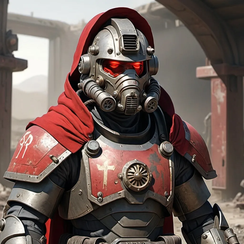 Prompt: Sci-fi soldier wearing fallout power armor with roman design with a crimson hooded helmet and shoulder cape 