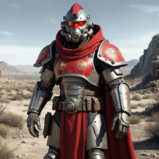 Prompt: Sci-fi soldier wearing fallout power armor with roman design with a crimson hooded helmet and shoulder cape 