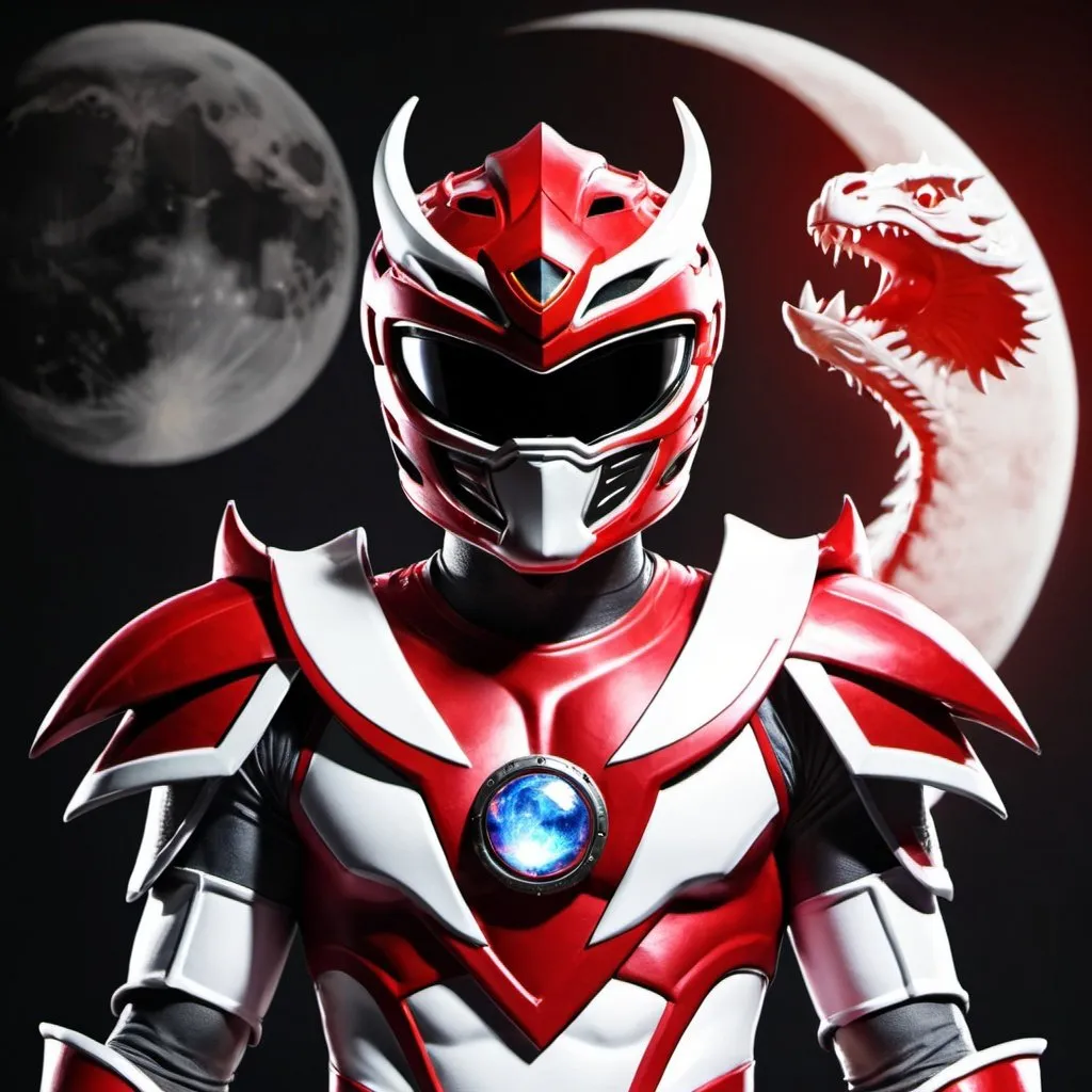 Prompt: Power ranger with dragon helm in a white and red color scheme with a moon in the middle of the chest 