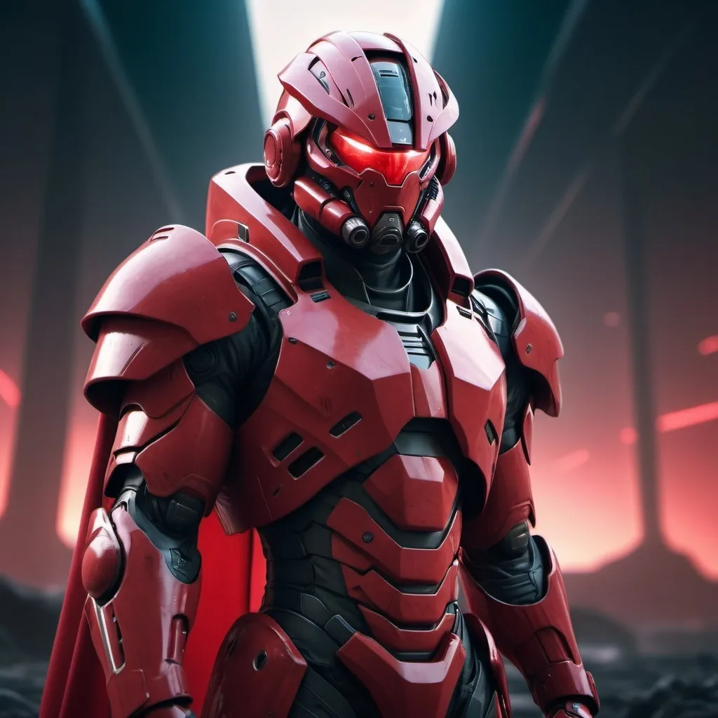 Prompt: Sci-fi male soldier with crimson shoulder cape and power armor 