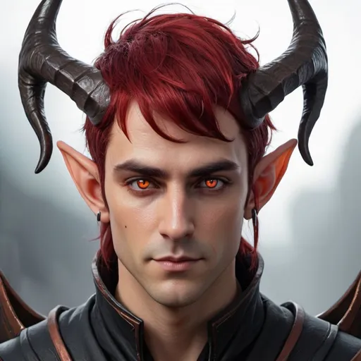 Prompt: Male elf Sci-fi protagonist with horns and red and black hair with amber eyes 
