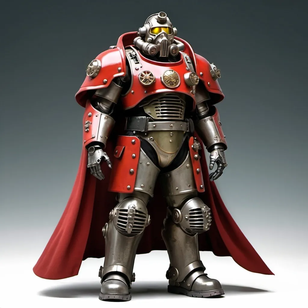 Prompt: Dieselpunk emperor with fallout power armor and shoulder cape that is scarlet 