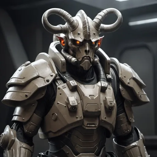 Prompt: Sci-fi soldier with horns and shoulder cape in power armor 
