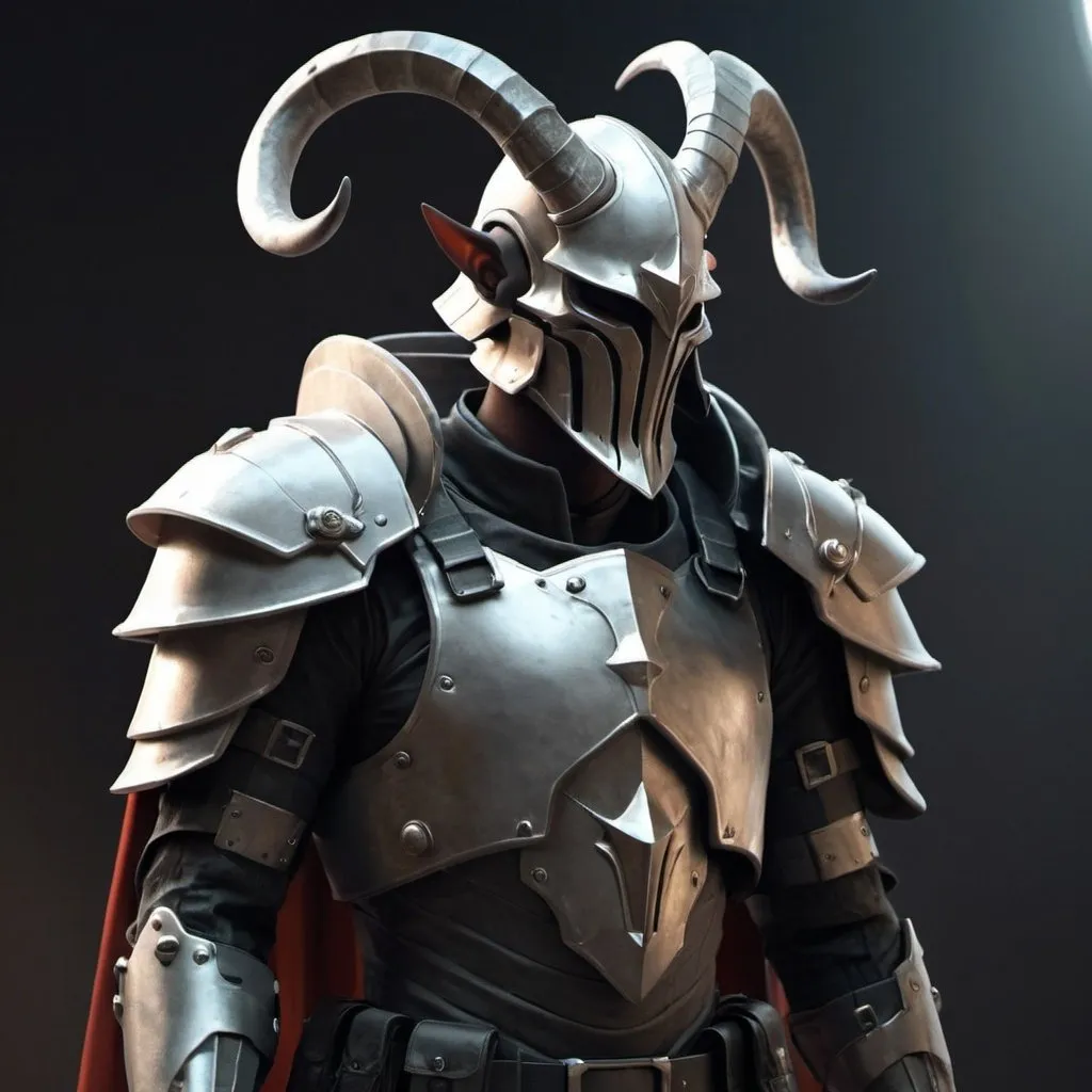 Prompt: Sci-fi soldier that has horns with shoulder cape and Knight helmet 