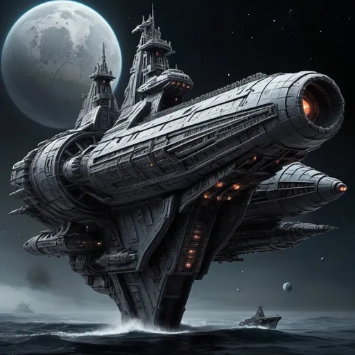 Prompt: Sci-fi battleship space ship with monolith design in Gothic detail 