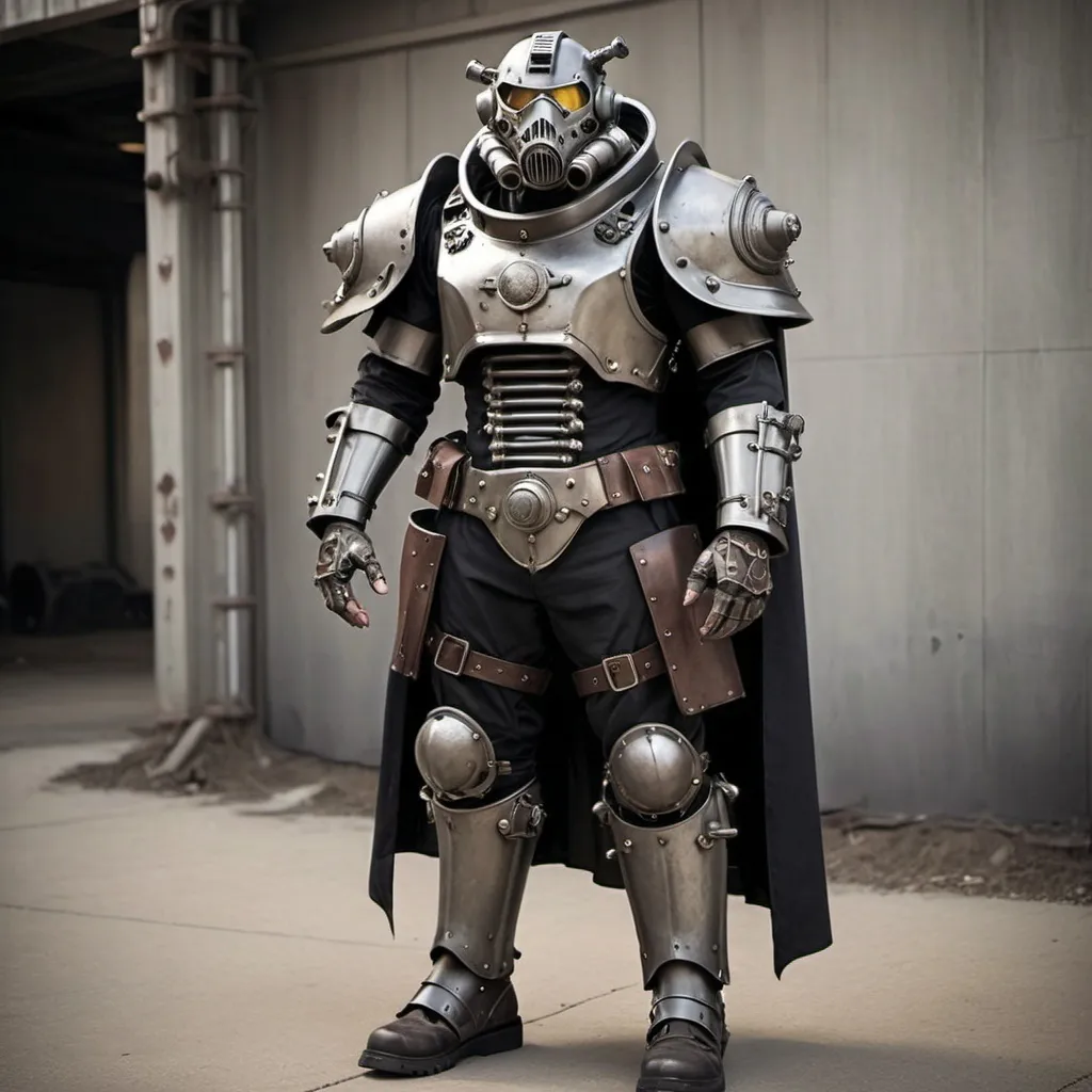 Prompt: Dieselpunk fallout power armor with gothic design and shoulder cape 