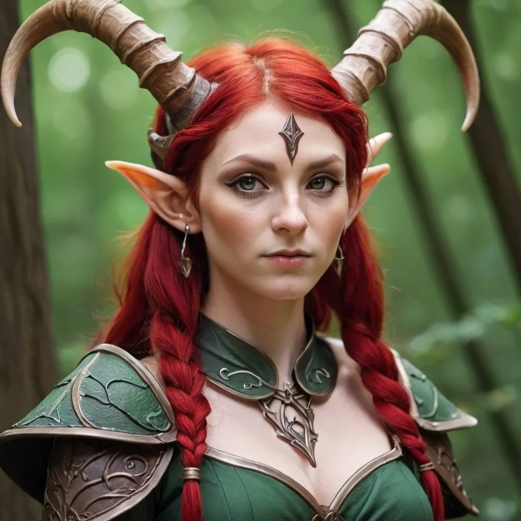 Prompt: Female horned elf with red hair