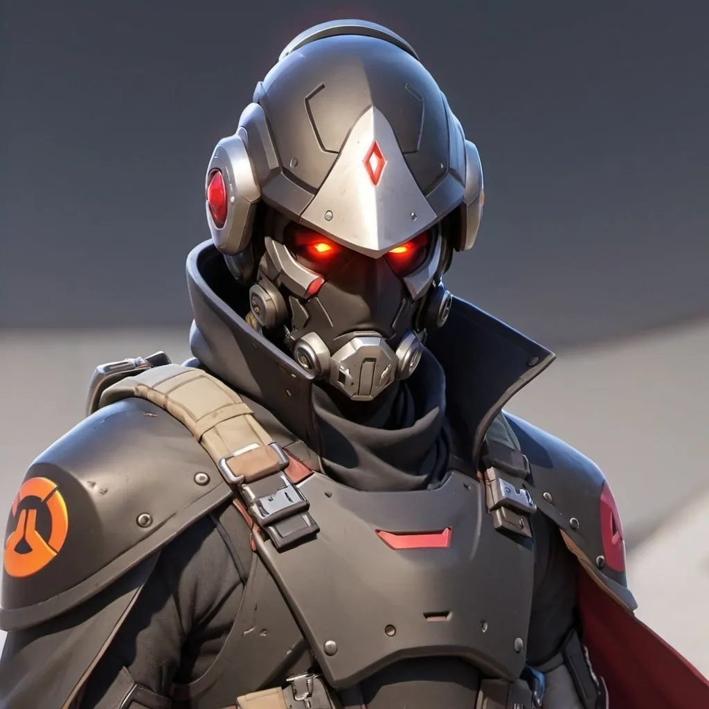 Prompt: Male overwatch soldier with Knight helmet in black and has a trench coat with a cape on the left shoulder and red eyes 