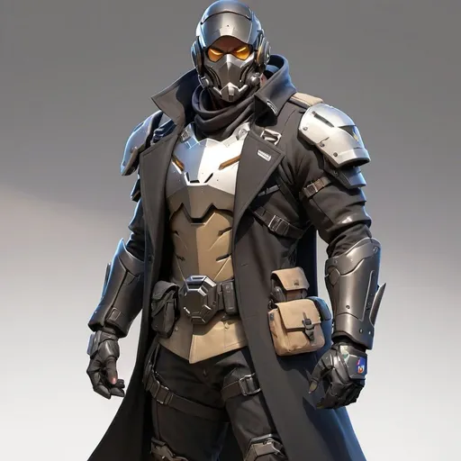 Prompt: Male overwatch soldier with Knight helmet in black and has a trench coat 