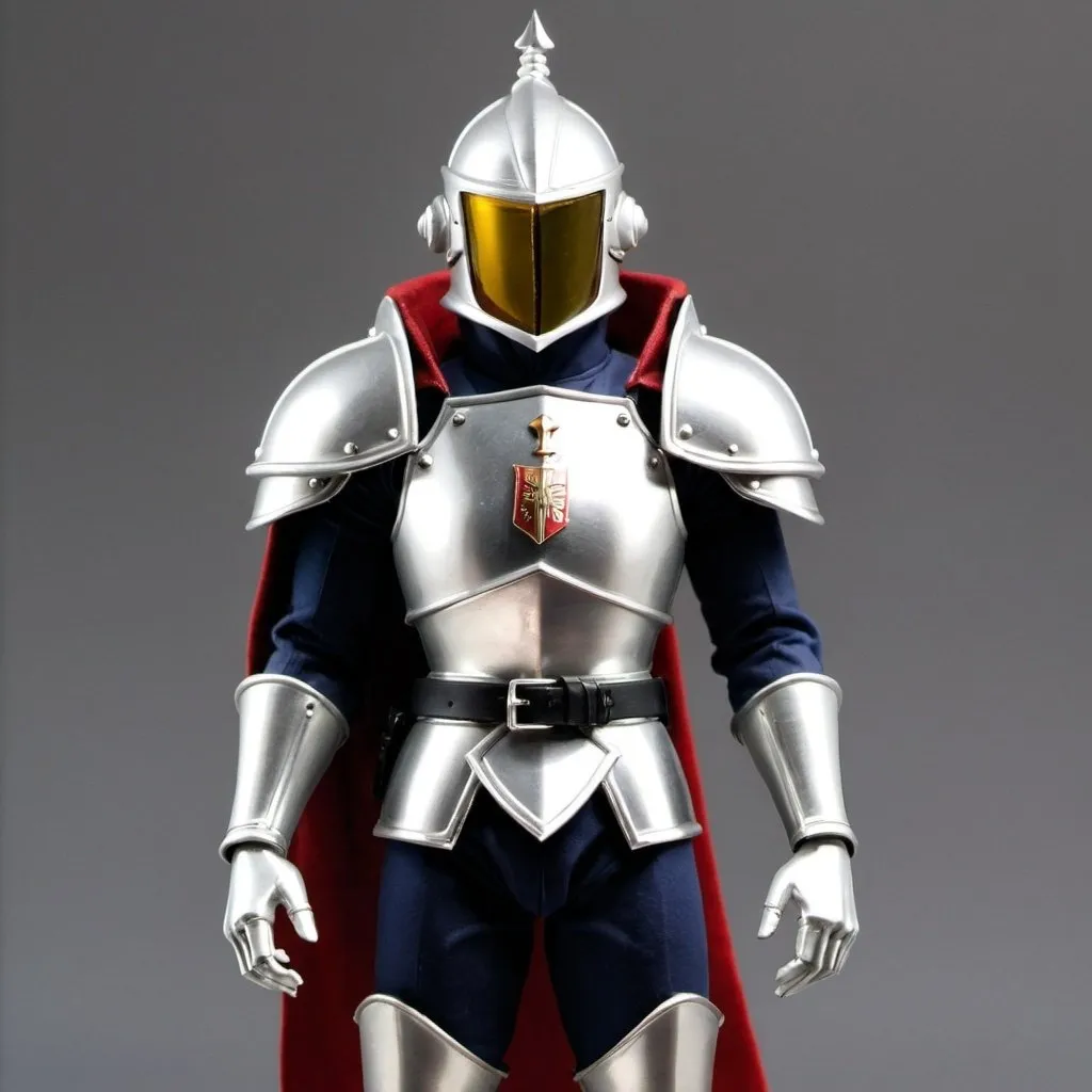 Prompt: Zeon soldier with shoulder cape and Knight helmet in silver 