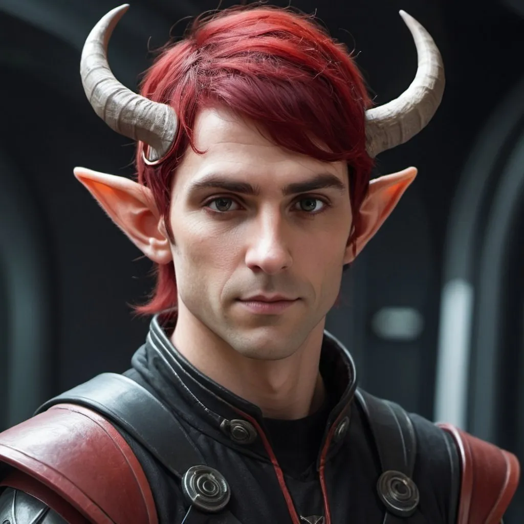 Prompt: Male elf Sci-fi protagonist with horns and red and black hair 