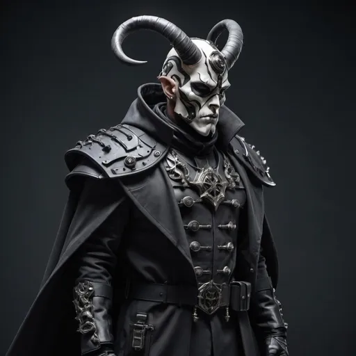 Prompt: Sci-fi soldier with horns and gothic design that has a shoulder cape and trench coat wearing an facemask 