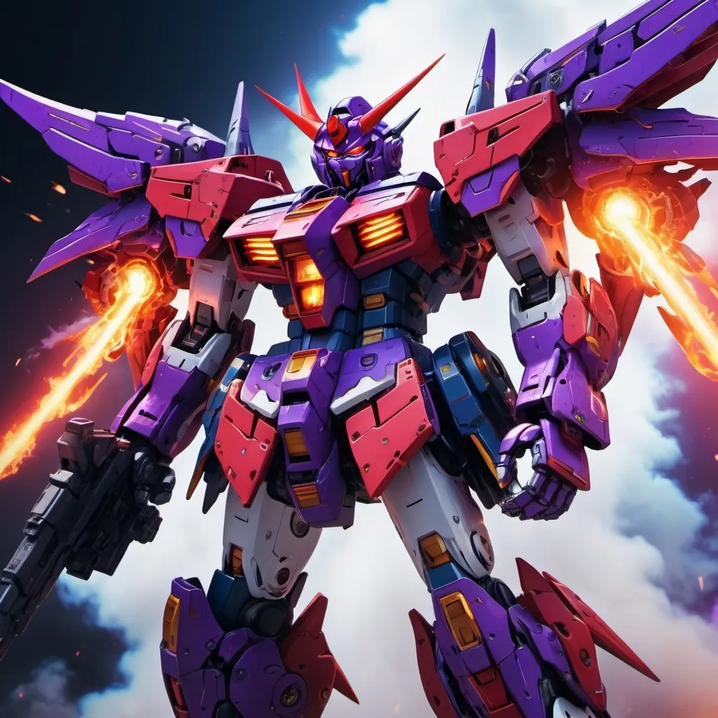 Prompt: Devil gundam mech with wings of red and purple energy blazing like the sun